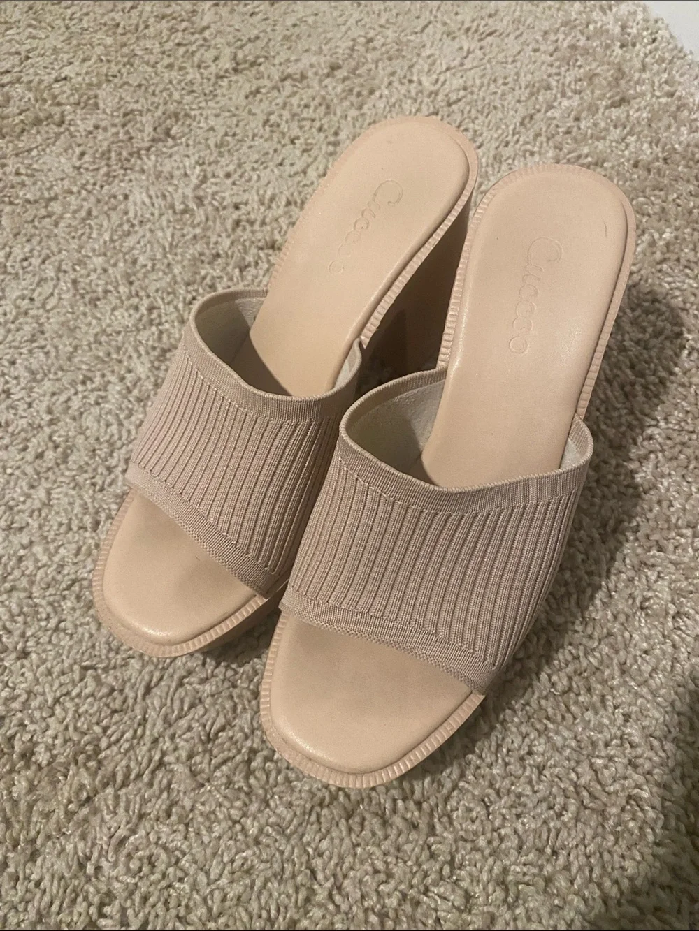 Cuccoo Rubber Heels Real Comfy 3” Block Heels, Color: Beige